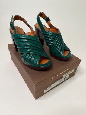 Chie Mihara Alubia Lisboa Strappy Sandal Ocean Green Leather Block Heel Size 38